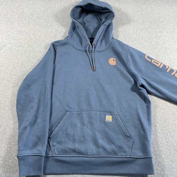 Carhartt Hoodie Youth Large Blue Relaxed Fit Logo Sleeve Pullover Sweatshirt - Picture 1 of 11